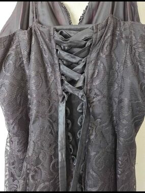 Black Lace Corset-Style Dress with Satin Ribbon